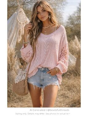 Oversized Boho Crochet Sweater 2XL | Slouchy Festival Lace Knit Pink Top